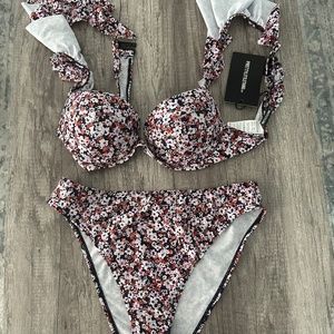 PLT MULTI DITSY FLORAL PRINT CUPPED FRILL STRAP HIGH WAISTED BIKINI SET SZ US 8